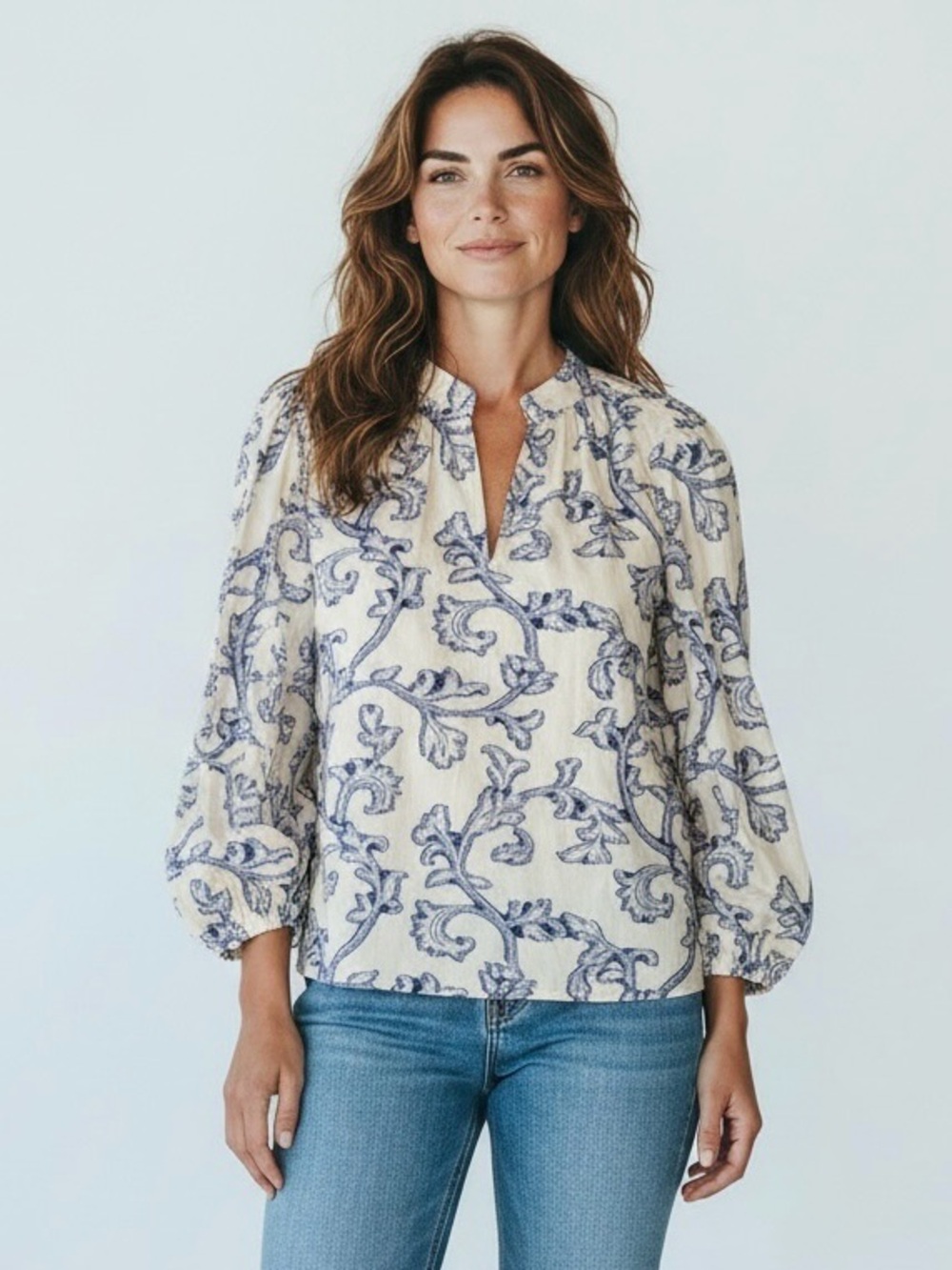 LOFT Cream Peasant Blouse with Blue Scroll Print